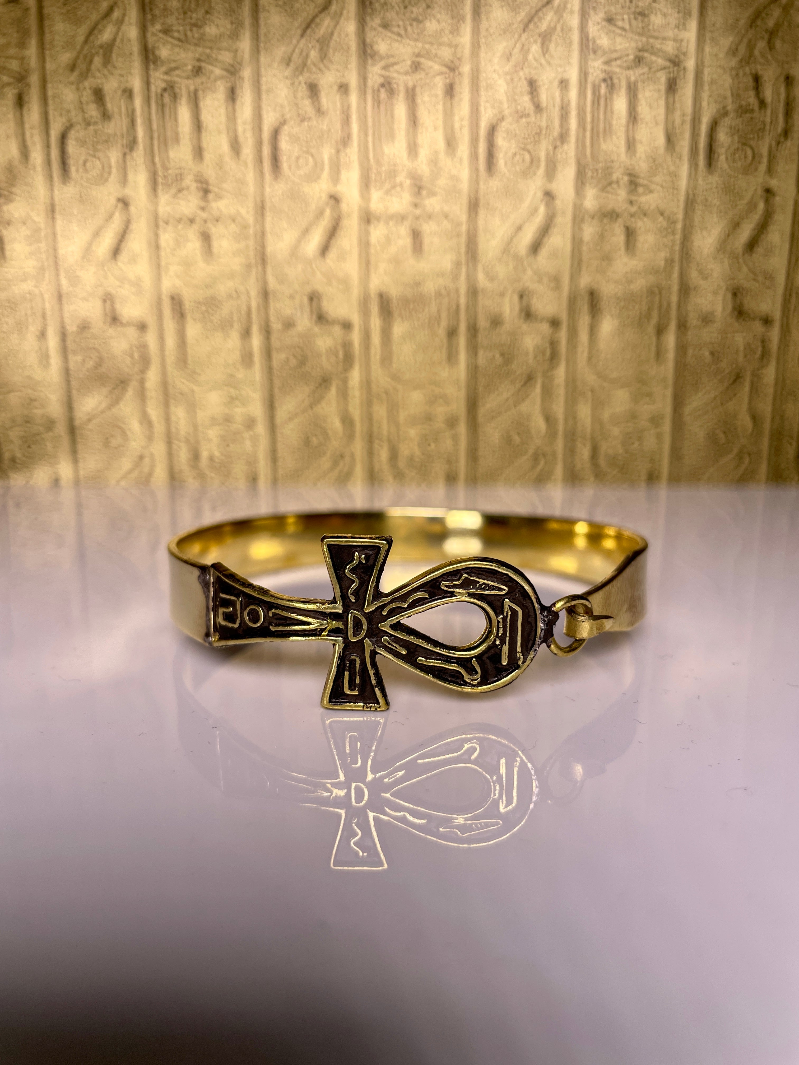Gold Engraved Ankh Bangle