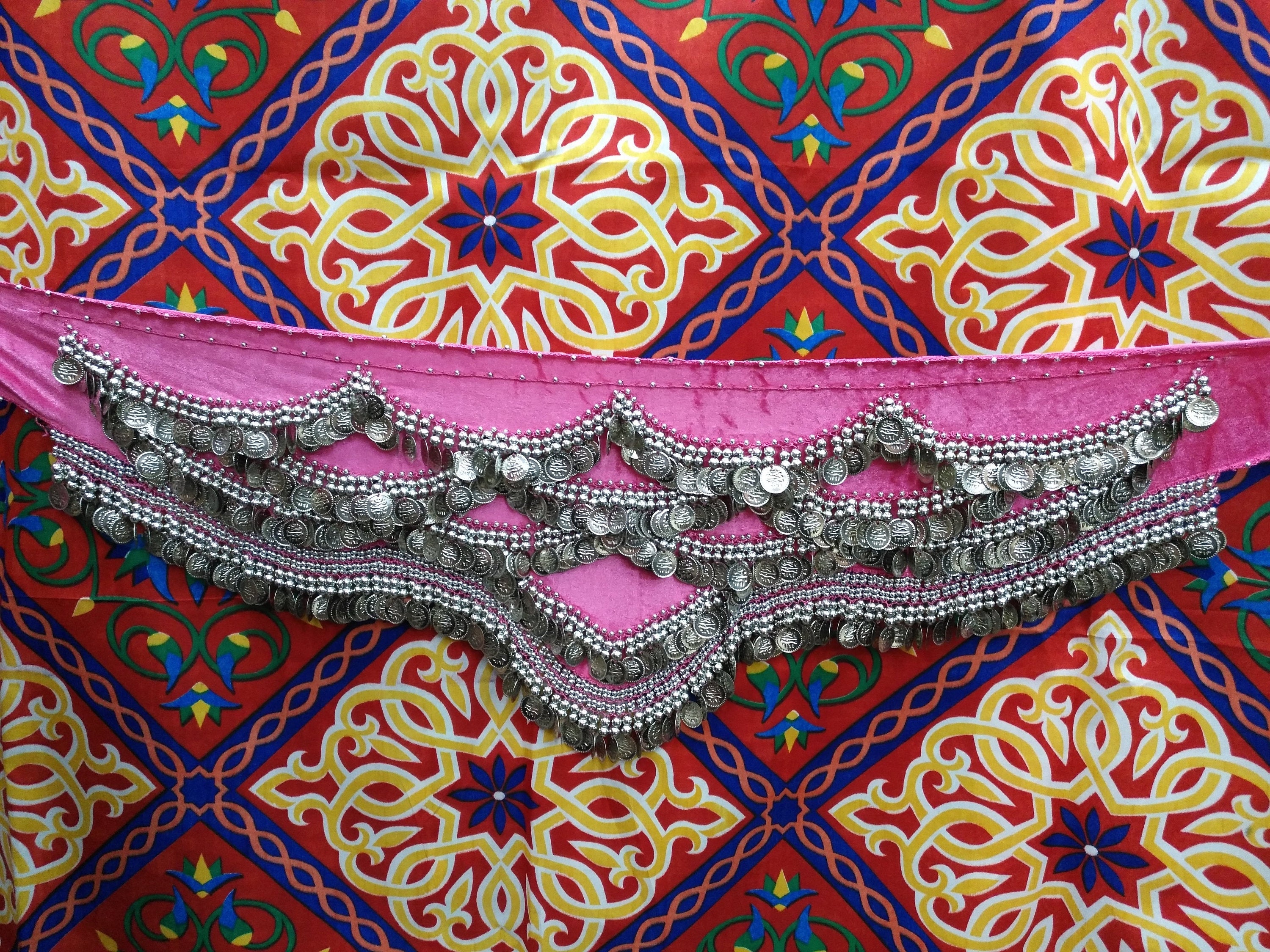 Egyptian Style Belly Dance Hip Scarf - Pink Velvet Coin Belt for Belly Dancing with Traditional Design & lots of coins!