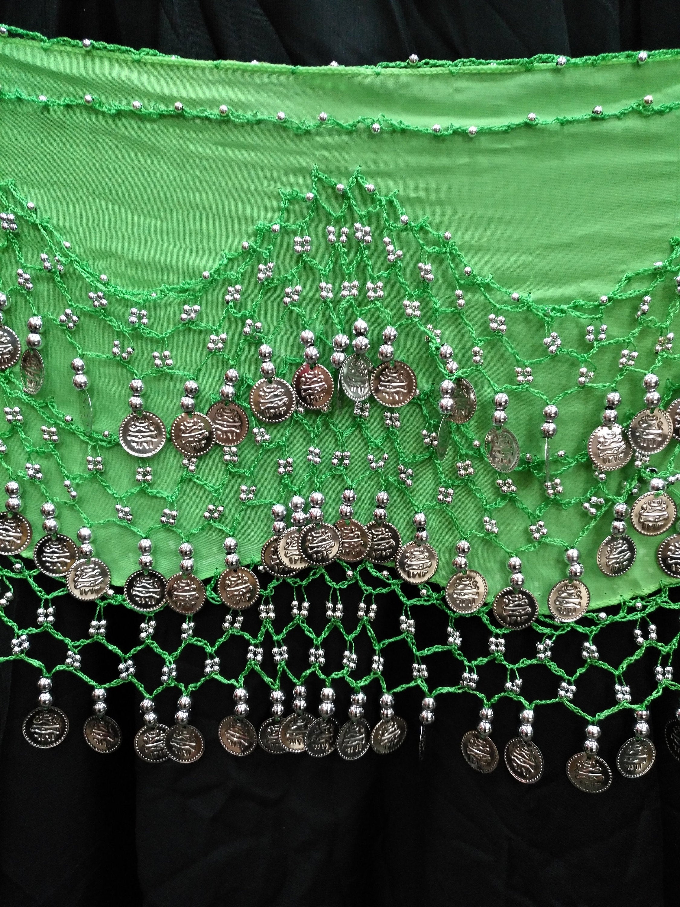 Egyptian Style Belly Dance Hip Scarf - Lime Green Chiffon Coin Belt for Belly Dancing